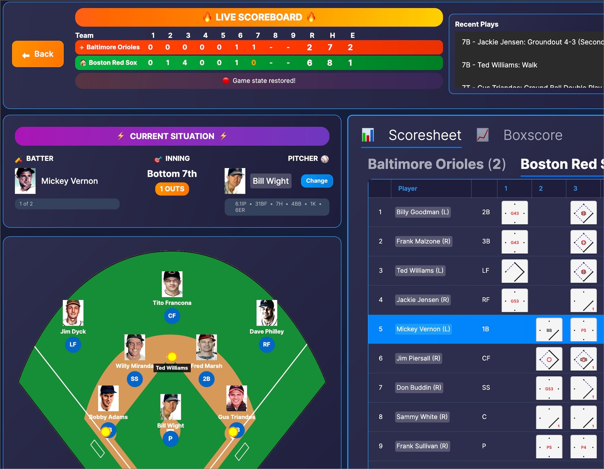 Baseball Scorebook X game interface showing live scoring